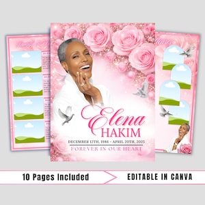 May include: A memorial template with a pink floral design, featuring a portrait of a woman and the name "Elena Hakim." The text includes dates and the phrase "Forever in Our Heart." The design includes space for photos and the text "10 Pages Included" and "Editable in Canva."