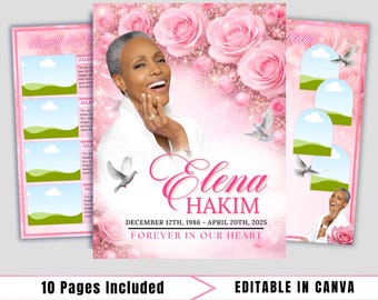 May include: A memorial template with a pink floral design, featuring a portrait of a woman and the name "Elena Hakim." The text includes dates and the phrase "Forever in Our Heart." The design includes space for photos and the text "10 Pages Included" and "Editable in Canva."