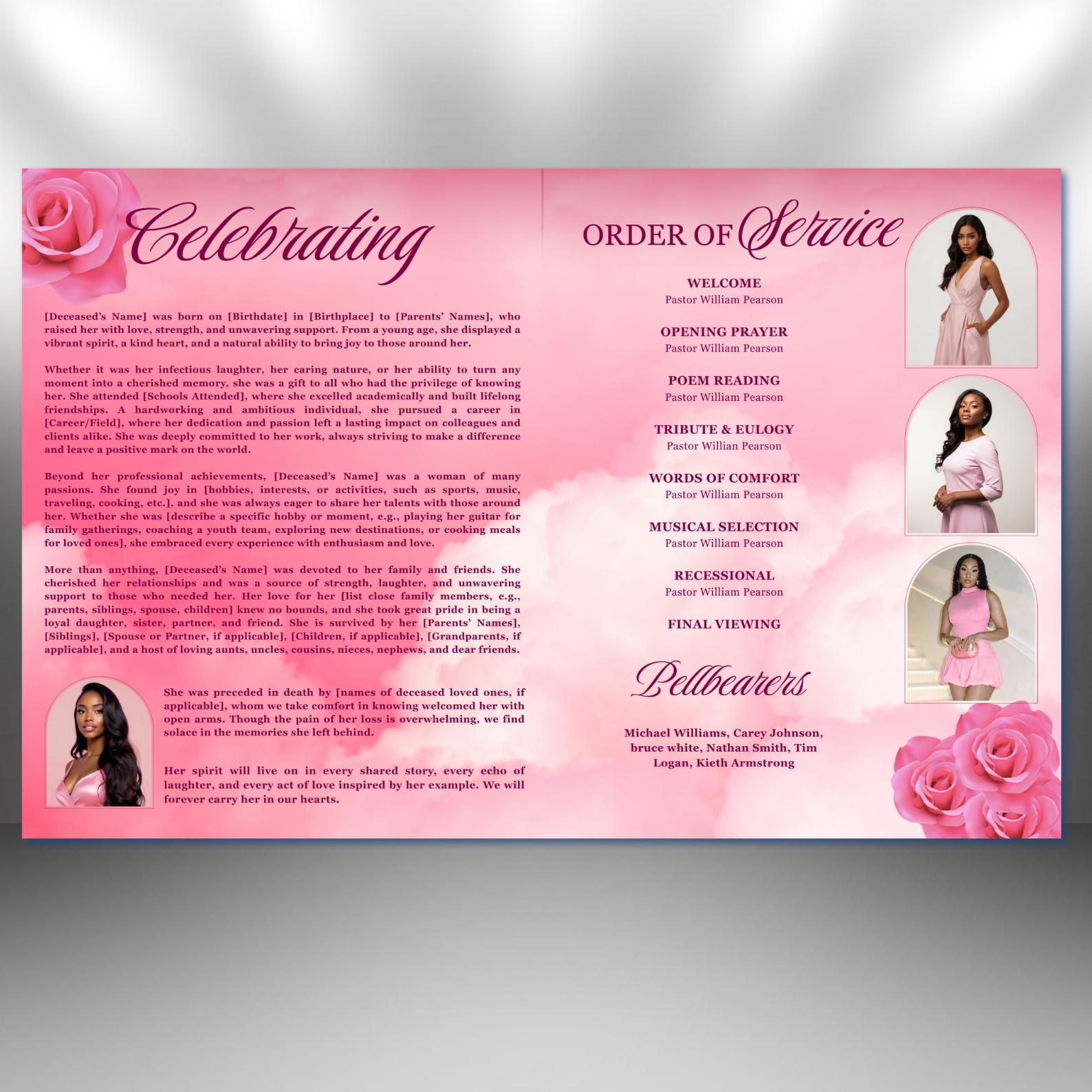 Rose Program Application Sample Pink Rose Funeral Program Template: 8-page Memorial, Celebration of ...