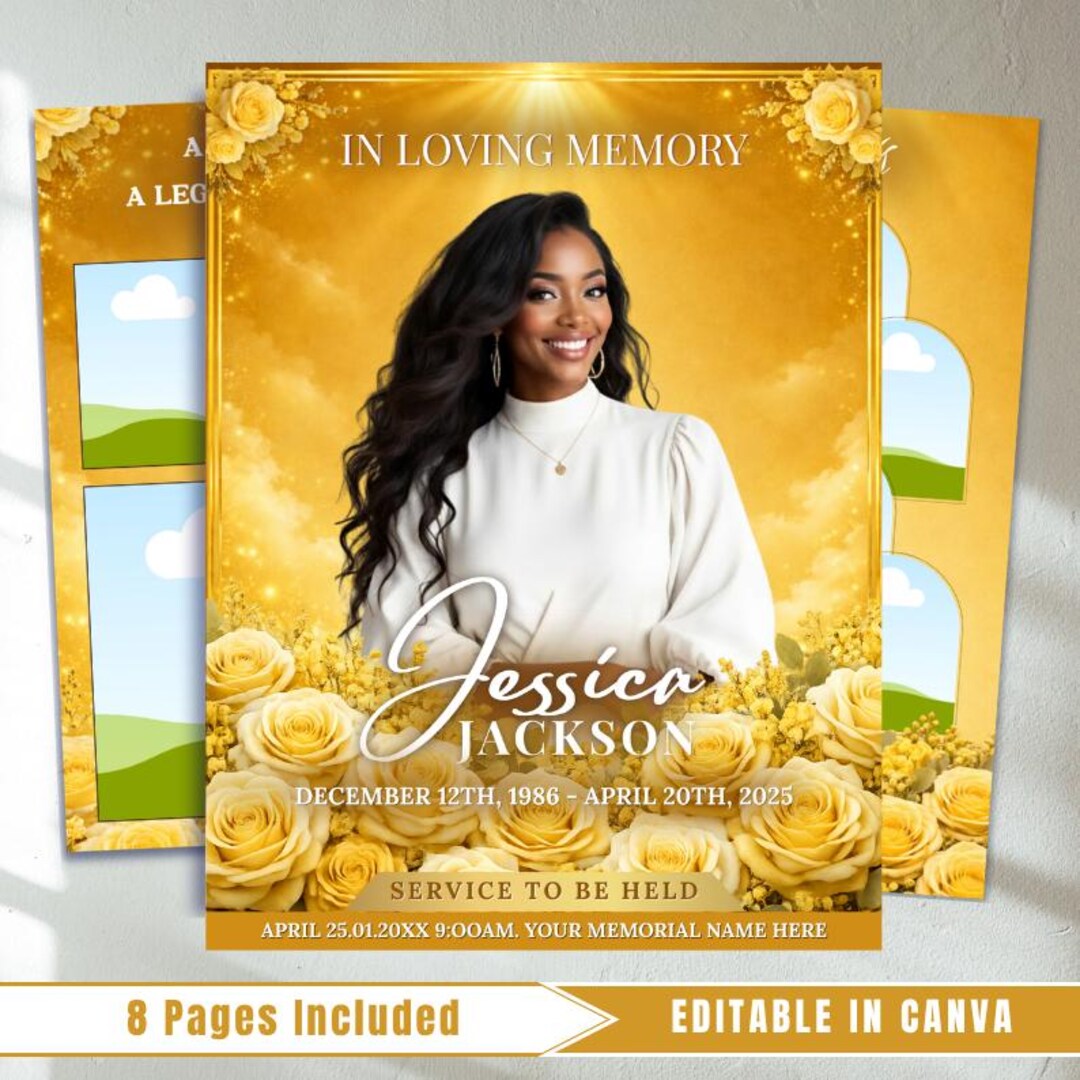 Yellow Roses Funeral Vector Yellow Roses Funeral Program Template: 8-page Memorial (canva, PDF ...