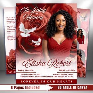 Peut inclure: Un programme commémoratif avec un fond de roses rouges, mettant en vedette une femme souriante en robe rouge. Le programme comprend le texte "In Loving Memory" et le nom "Elisha Robert", ainsi que des dates et des détails de service. La phrase "Forever in Our Hearts" est également présente.