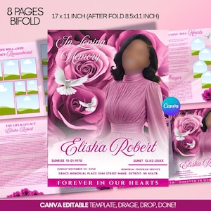 Pink Rose Funeral Program Template: 8-Page Memorial, Celebration of Life (Canva, PDF Download)