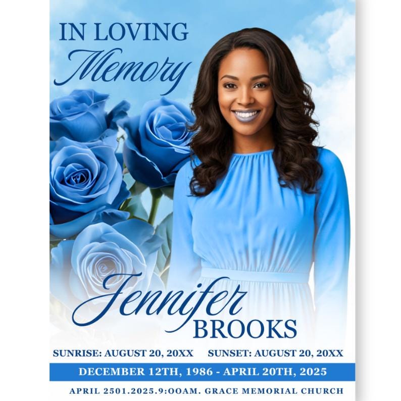 Blue Roses Funeral Program Template: 8-page Memorial (canva, PDF ...