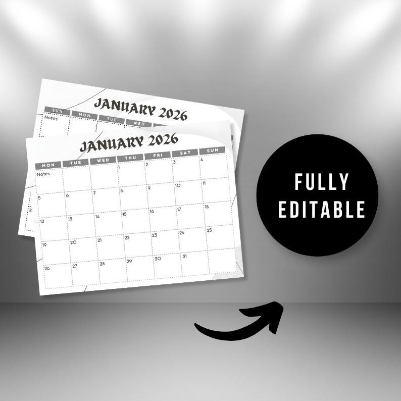 Editable January 2026 Calendar Template, Minimalist Monthly Planner ...