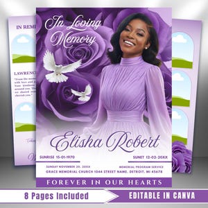 Könnte beinhalten: Ein Gedenkprogramm mit lila floralem Hintergrund und einem Foto einer Frau. Der Text lautet "In Loving Memory" und "Elisha Robert". Enthält Tauben und den Satz "Forever in Our Hearts". Das Programm ist in Canva editierbar.