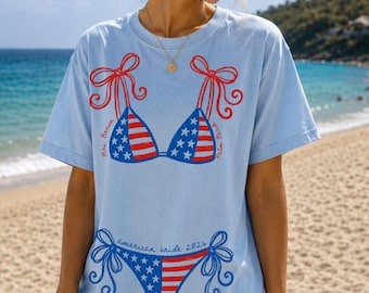Custom Patriotic Bride Shirt, American Bride Tee, USA Flag Bikini Shirt, Bride Beach Trip Tee, Fourth of July Bride Outfit, Girls Trip Shirt