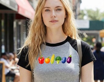Pride Vegetable Raglan Baby Tee, Rainbow Veggie Crop Top, Colorful Produce Graphic Shirt, Retro Pride Baby Tee, Cottagecore Rainbow Top