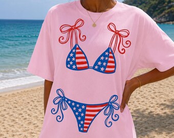 Patriotic Summer Beach Shirt, USA Bikini Graphic Tee, Fourth of July Beach Outfit, Retro American Flag Swimwear Shirt, Summer Vacation Tee