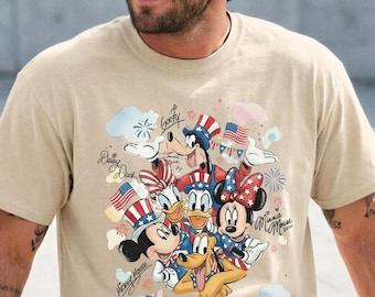Patriotic Cartoon Friends Shirt, America 250th Anniversary Tee, USA Celebration Graphic, Red White Blue Vacation Shirt, Fireworks Party Top