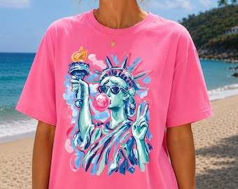 Koszulka z motywem Statuy Wolności z Gumy Balonowej, Patriotyczna Letnia Grafika, Koszulka Wakacyjna w Stylu Retro USA, Kolorowa Koszulka z Nadrukiem Inspirowanym Wolnością, Strój na Plażę