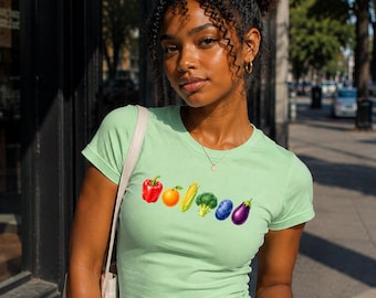 Pride Vegetable Baby Tee, Rainbow Veggie Shirt, Colorful Produce Graphic Tee, Retro Farmers Market Baby Tee, Fitted Pride Top