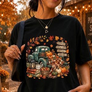 Camiseta vintage de otoño con estampado de camión, camiseta con estampado de huerto de calabazas, camiseta acogedora de manga corta para otoño, camiseta para paseo en carreta de sidra de manzana, regalo de granja para el Día de Acción de Gracias