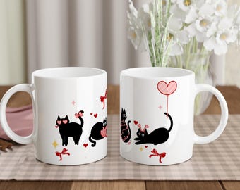 Cute Black Cat Mug – 11 oz Ceramic Coffee Cup – Valentine Cat Gift – Love Cat Illustration Mug – Funny Cat Lover Gift