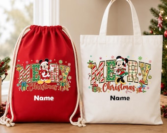 Borsa regalo e sacchetto natalizio di Topolino o Minnie, borsa natalizia Disney, bomboniera per feste, regalo per vacanze in famiglia