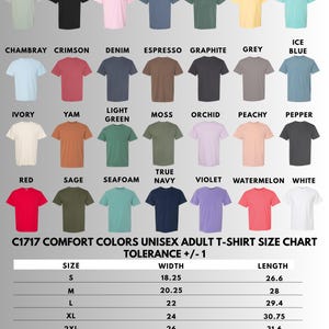 May include: A color chart of C1717 Comfort Colors unisex adult t-shirts. The chart displays various t-shirt colors, including Bay, Black, Blossom, Blue Jean, and Blue Spruce. A size chart is also included, showing width and length measurements in inches.