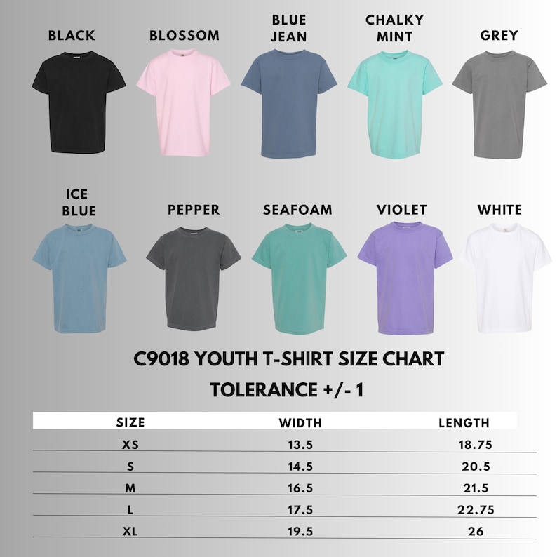 May include: A size chart for C9018 youth t-shirts, with measurements in inches. The chart displays various colors, including black, blossom, blue jean, chalky mint, grey, ice blue, pepper, seafoam, violet, and white. Sizes range from XS to XL.