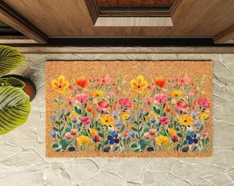 Colorful Floral Doormat, Spring Flower Welcome Mat, Boho Wildflower Front Door Mat, Garden Floral Entry Rug, Summer Porch Decor