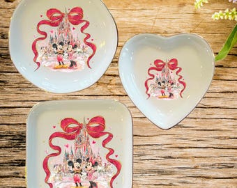 Mickey en Minnie-snuisterijset | Hart rond vierkant sieradenschaaltje | Romantisch kasteel Mickey Minnie-decor | Cadeau voor koppels