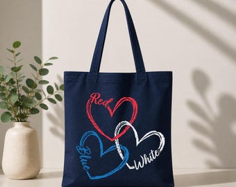 Patriotic Heart Tote Bag, Gift Sack, Red White Blue Bag, USA Graphic Tote, Americana Beach Bag, Fourth of July Gift Bag, Patriotic Accessory