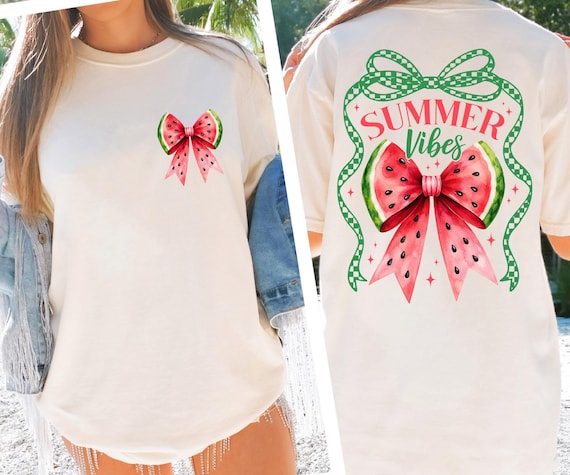 Watermelon Bow Shirt, Summer Vibes Tee, Cute Fruit Graphic Shirt, Coquette Summer Shirt, Vacation Shirt, Beach Day Tee, Gift For Her