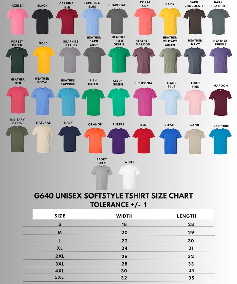 Pu&ograve; includere: Una tabella colori per t-shirt unisex G640 softstyle che mostra quarantadue magliette a maniche corte con le relative etichette, seguita da una tabella delle taglie dalla S alla 5XL con larghezza e lunghezza indicate in pollici.