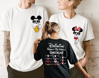 Koszulka „Drinking Around The World”, koszulka dla pary Minnie Mickey, koszulka z listą kontrolną EPCOT, pasująca koszulka wakacyjna, spersonalizowana koszulka z motywem podróży Disneya
