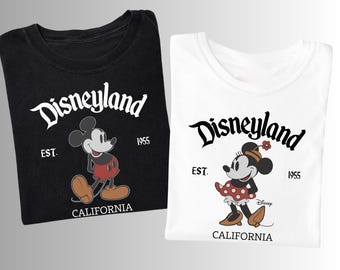 Koszulka Disneyland Mickey & Minnie, spersonalizowana rodzina Disney, pasująca wycieczka do Disney, spersonalizowana koszulka z imieniem, koszulka z Kalifornii z 1955 r. + opcja torby płóciennej