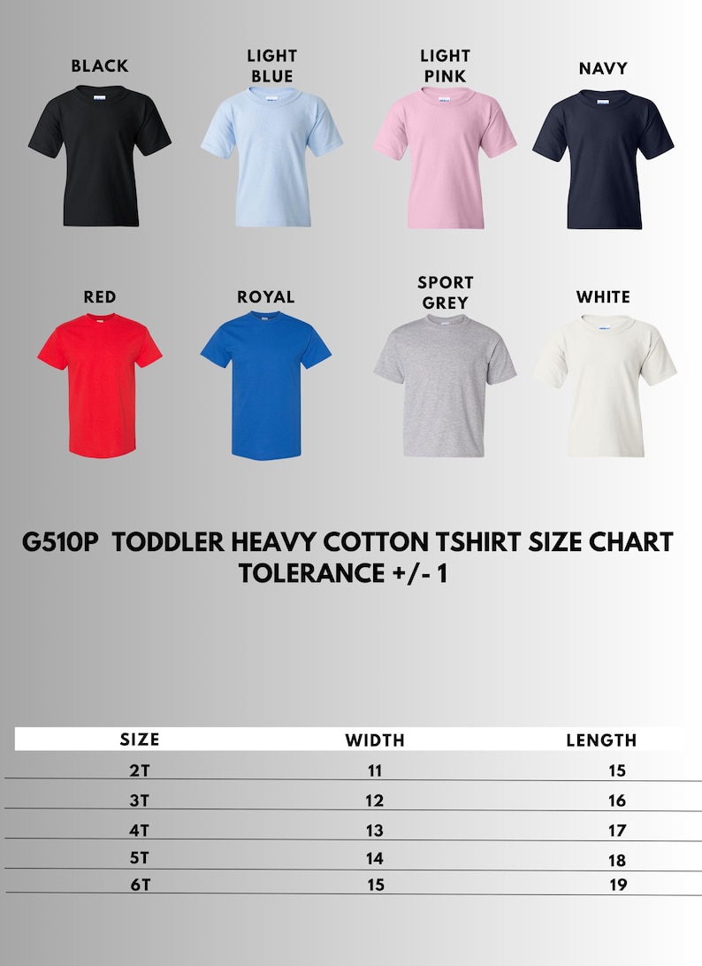 Pu&ograve; includere: Una collezione di otto magliette a maniche corte per bambini piccoli in nero, azzurro, rosa chiaro, blu navy, rosso, blu reale, grigio sportivo e bianco. L'immagine include una tabella delle taglie G510P per magliette in cotone pesante con misure.