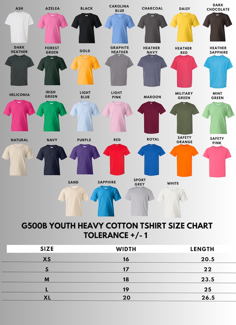Pu&ograve; includere: Una tabella colori che mostra trentadue magliette a maniche corte in varie tonalit&agrave; tra cui cenere, azalea, nero, blu, carbone, giallo, marrone, verde, oro, grigio, blu navy, rosso, rosa, bordeaux e bianco, con una tabella taglie G500B.