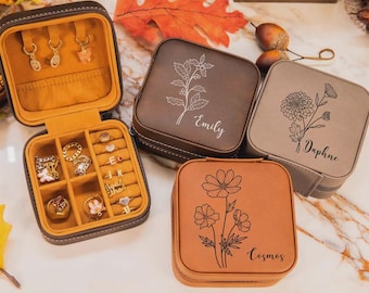Portagioie da viaggio con fiori di nascita, regalo floreale per il mese di nascita, regalo di compleanno personalizzato, portagioie da viaggio in pelle, portagioie personalizzato