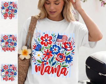 Patriotic Mama Shirt, Floral USA Graphic, Fourth of July Family Shirt, Red White Blue Summer Top, Matching Patriotic Outfit