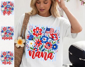 Patriotic Mama Nana Mimi Gigi Shirt, Floral USA Graphic, Fourth of July Family Shirt, Red White Blue Summer Top, Matching Patriotic Outfit