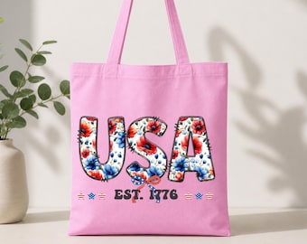 Patriotic USA Floral Tote Bag, Gift Sack & Shirt, America EST 1776 Bag, Retro Fourth of July Tote, Americana Floral Travel Bag