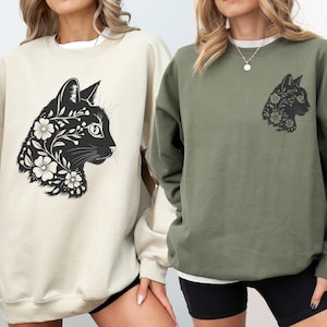 Black Cat Halloween Sweatshirt Hoodie | Floral Cat Design | Gildan Unisex Fall Pullover | Spooky Witchcore Gift | S-4XL  GT107