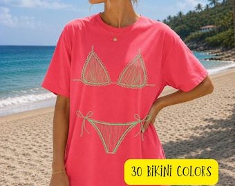 Aangepaste bikini strand T-shirt, meisjes reis T-shirt, bruid strand reis bijpassende vakantie Tee, kust vrijgezellenfeest, zomervakantie, comfort kleuren