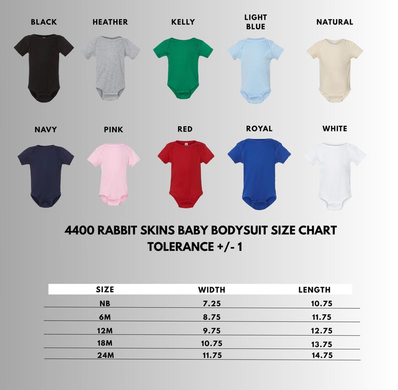 Pu&ograve; includere: Una tabella colori per body per neonati 4400 Rabbit Skins con dieci opzioni a maniche corte in nero, heather, kelly, azzurro, naturale, blu navy, rosa, rosso, royal e bianco. Una tabella elenca le taglie da NB a 24M con larghezza e lunghezza in cm.