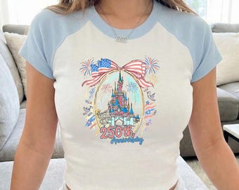 Disney Friends Raglan Baby Tee, Patriotic Cropped Theme Park Top, Minnie Mickey Inspired Castle Shirt, USA Fireworks Graphic Crop Tee