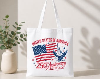 USA 250th Anniversary Tote Bag, Patriotic Gift Sack, America 1776 2026 Celebration Bag, Vintage USA Flag Carryall, Fourth of July Shopping