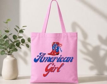 Patriotic Tote Bag & Gift Sack, American Girl Western Bag, USA Cowgirl Accessories, Retro Americana Canvas Tote, Fourth of July Gift Bag