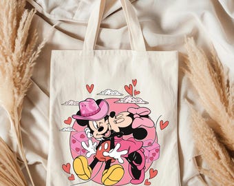 Mickey and Minnie Tote Bag, Disney Inspired Couple Tote, Cute Cartoon Love Tote Bag, Valentine Gift Tote, Reusable Canvas Shoulder Bag