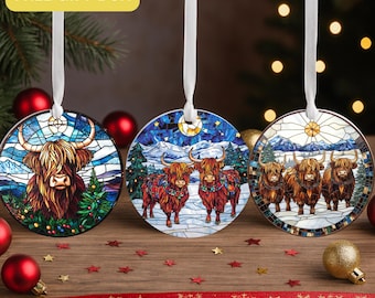Decorazione personalizzata a forma di mucca delle Highlands, decorazione natalizia in stile vetro colorato, regalo rustico per le vacanze in stile fattoria, nome personalizzato, confezione regalo GRATUITA, OR30