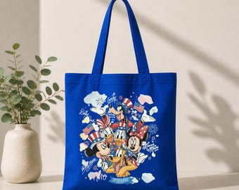 Patriotic Cartoon Tote Bag, America Gift Sack, USA Celebration Bag, Fireworks Vacation Tote, Red White Blue Holiday Accessory