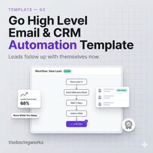 May include: A digital template titled Go High Level Email & CRM Automation Template featuring a workflow diagram with steps for new leads, welcome emails, and CRM integration, alongside a 68% conversion rate graphic and the text Runs While You Sleep.