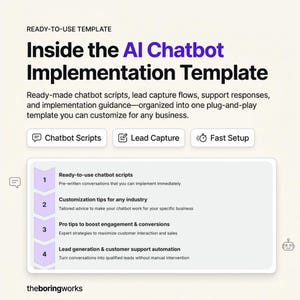 May include: A digital template titled Inside the AI Chatbot Implementation Template, featuring sections for chatbot scripts, lead capture, and fast setup. It lists four numbered steps for implementation, customization, engagement tips, and automation by theboringworks.