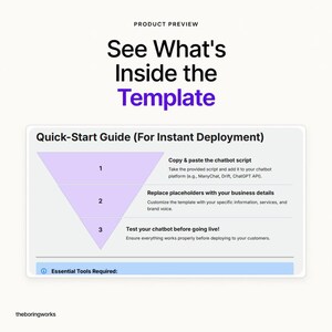 May include: A digital product preview graphic titled See What's Inside the Template. It features a Quick-Start Guide with a light purple funnel diagram divided into three steps: copy the script, replace placeholders, and test the chatbot.