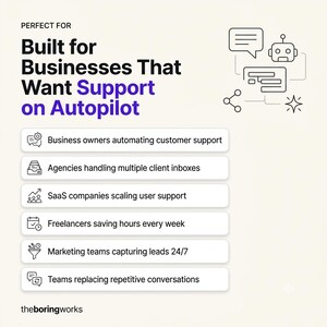 May include: A white infographic titled Built for Businesses That Want Support on Autopilot. It lists six categories: business owners automating support, agencies handling client inboxes, SaaS companies scaling support, freelancers saving time, marketing teams capturing leads, and teams replacing repetitive conversations.