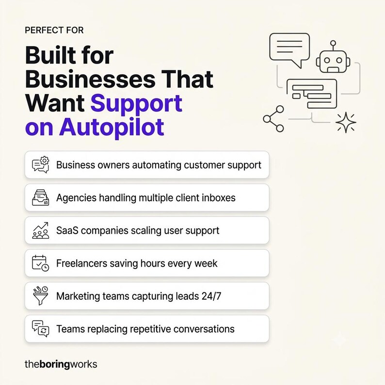 May include: A white infographic titled Built for Businesses That Want Support on Autopilot. It lists six categories: business owners automating support, agencies handling client inboxes, SaaS companies scaling support, freelancers saving time, marketing teams capturing leads, and teams replacing repetitive conversations.