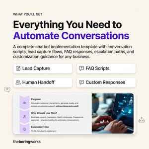 May include: A digital template for automating business conversations, featuring the text "Everything You Need to Automate Conversations" and sections for lead capture, FAQ scripts, human handoff, and custom responses, with a small robot icon.