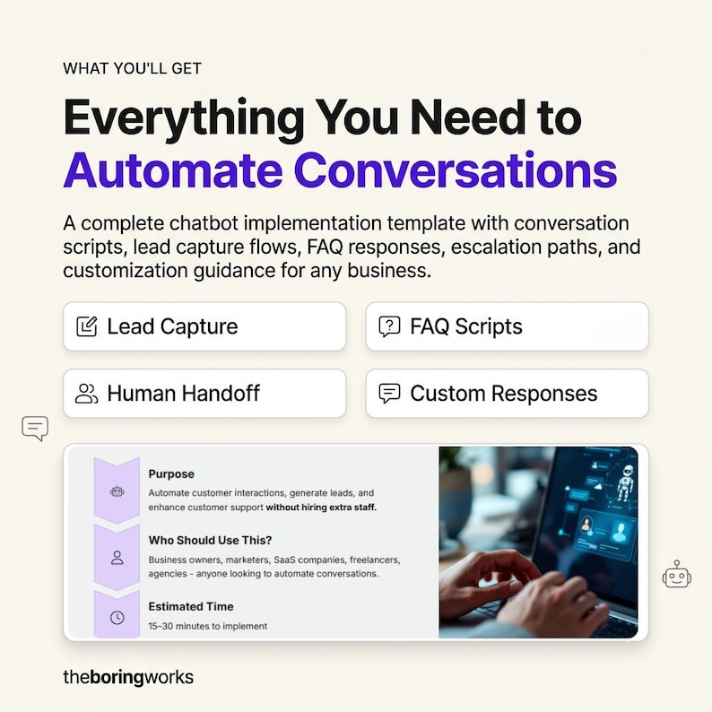 May include: A digital template for automating business conversations, featuring the text "Everything You Need to Automate Conversations" and sections for lead capture, FAQ scripts, human handoff, and custom responses, with a small robot icon.