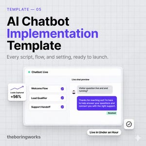 May include: An AI Chatbot Implementation Template graphic featuring the text Template 05, AI Chatbot Implementation Template, and Every script, flow, and setting, ready to launch. It displays a live chat interface with a Leads Captured +56% chart.